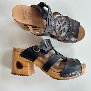 DANSKO Black Leather Cut Out Chunky Platform Slip On Heel Sandals Size 41